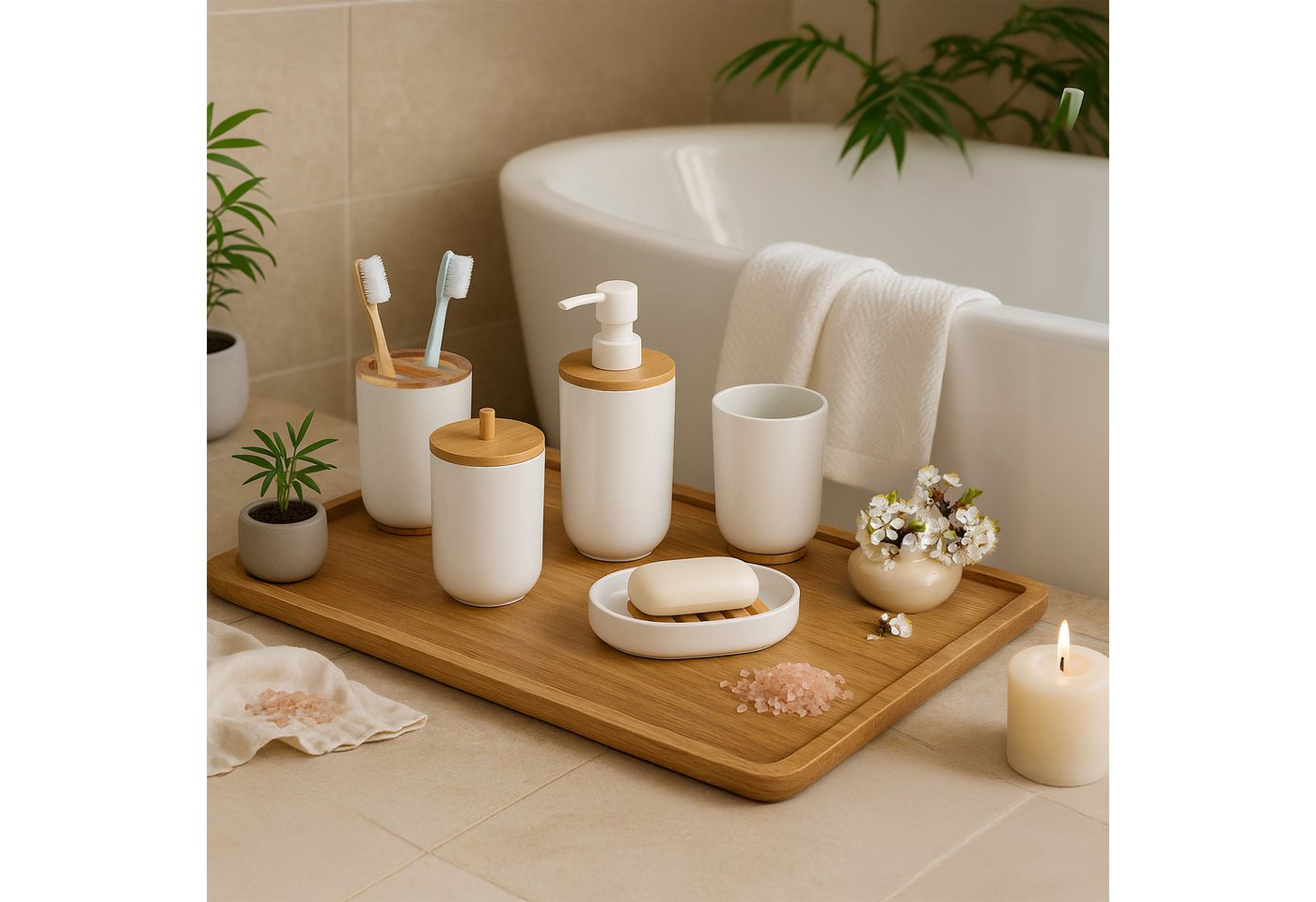 relaxdays Badaccessoire-Set 7-teiliges Badezimmer Set, 7 tlg., weiß – Bild 2 von 5