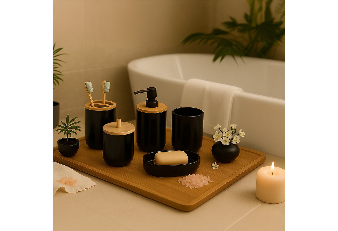 relaxdays Badaccessoire-Set 7-teiliges Badezimmer Set, 7 tlg., schwarz – Bild 2 von 5