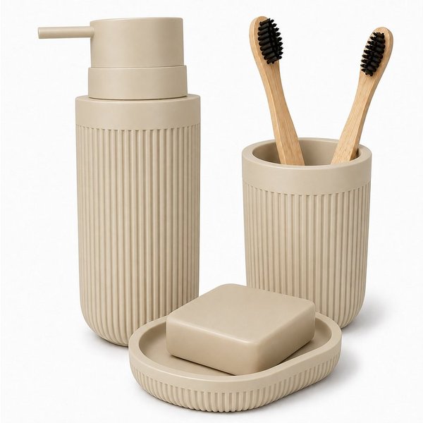relaxdays Badaccessoire-Set Bad Accessoires 3-teilig, 3 tlg., Beige