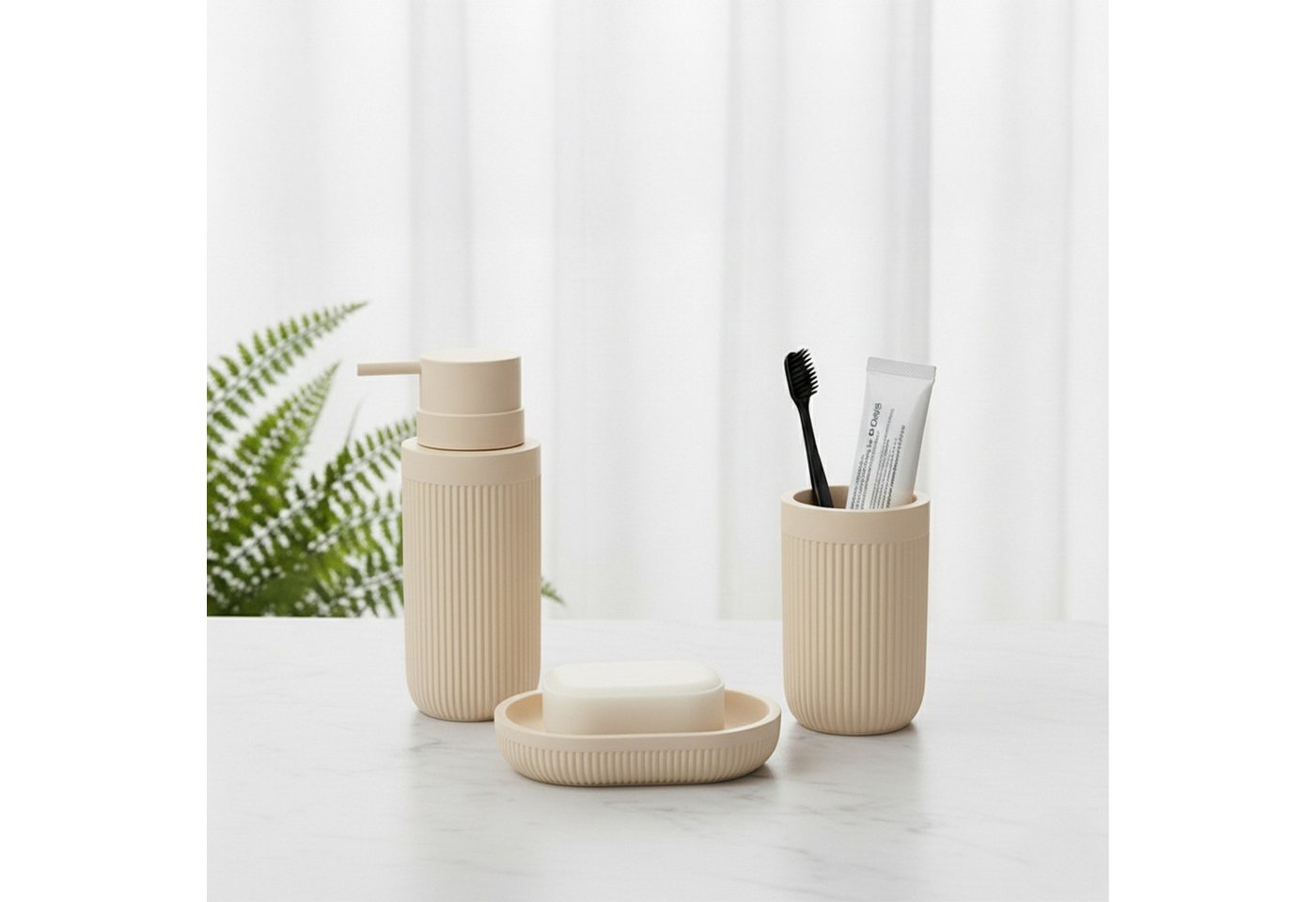 relaxdays Badaccessoire-Set Bad Accessoires 3-teilig, 3 tlg., Beige – Bild 3 von 5
