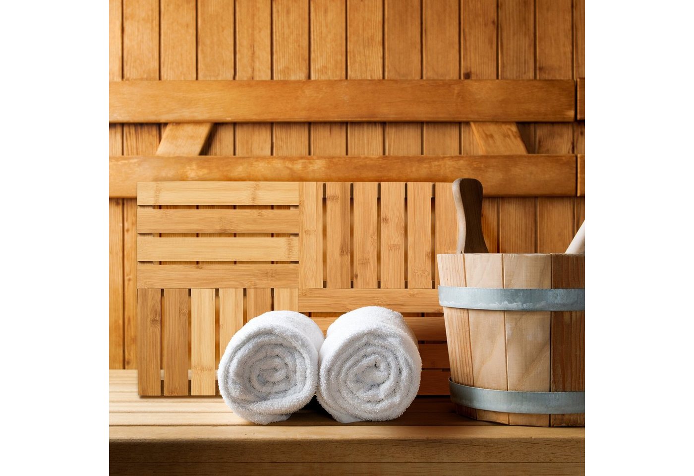relaxdays Badematte Bambus Badematte, Höhe 35 mm, Offenes Mosaik-Design für gute Luftzirkulation, 100% Bambus, Natürlicher Charme, Schutz vor Bodenkälte, Feucht – Bild 5 von 5