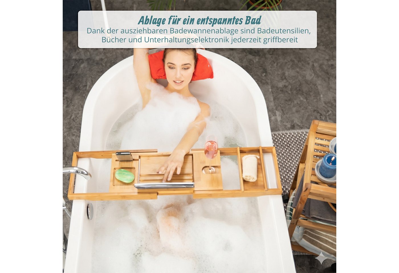 relaxdays Badewannenablage Bambus mit Buchstütze – Bild 2 von 5