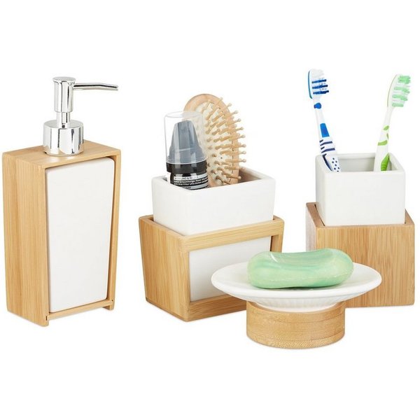 relaxdays Badezimmer-Set aus Bambus und Keramik, (4-St)