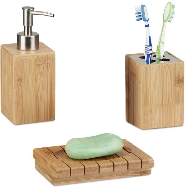 relaxdays Badezimmer-Set Badaccessoires Bambus 3er Set, (3-St)