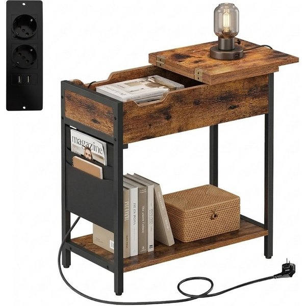 relaxdays Beistelltisch mit Steckdose (1-St), Vintagebraun