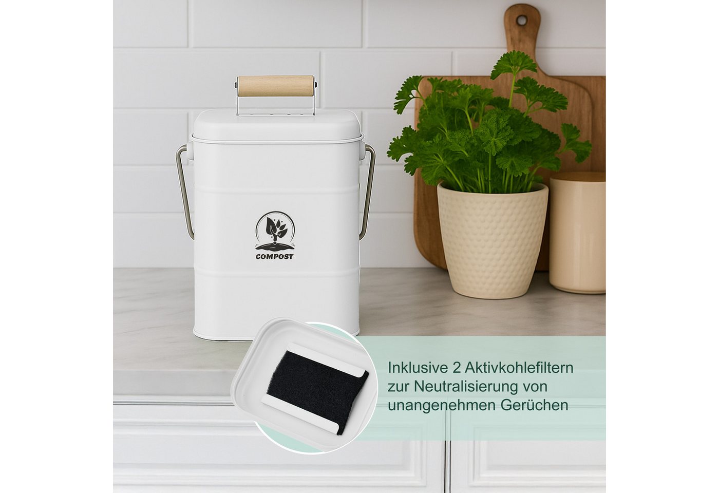 relaxdays Biomülleimer Komposteimer Küche 3,5 Liter, weiß – Bild 5 von 5