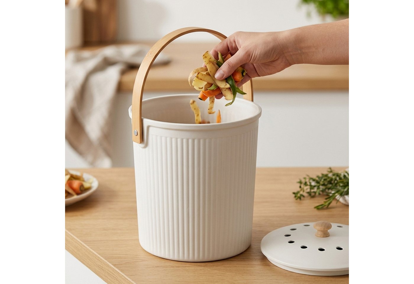 relaxdays Biomülleimer Runder Komposteimer Küche 5,6 Liter, weiß – Bild 2 von 5