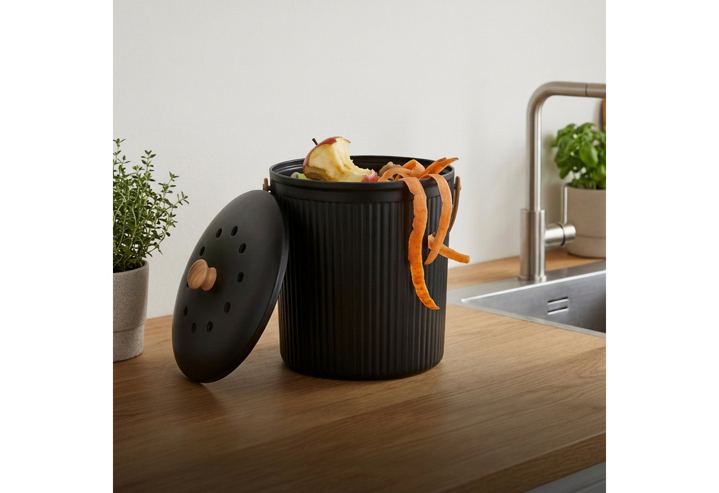 relaxdays Biomülleimer Runder Komposteimer Küche 5,6 Liter, schwarz – Bild 2 von 5