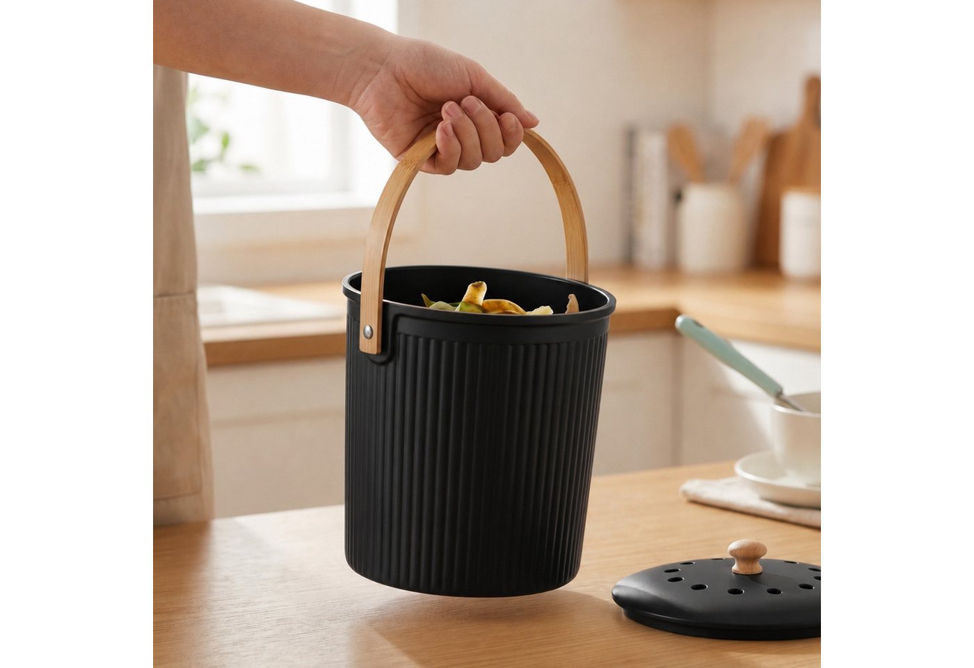 relaxdays Biomülleimer Runder Komposteimer Küche 5,6 Liter, schwarz – Bild 3 von 5