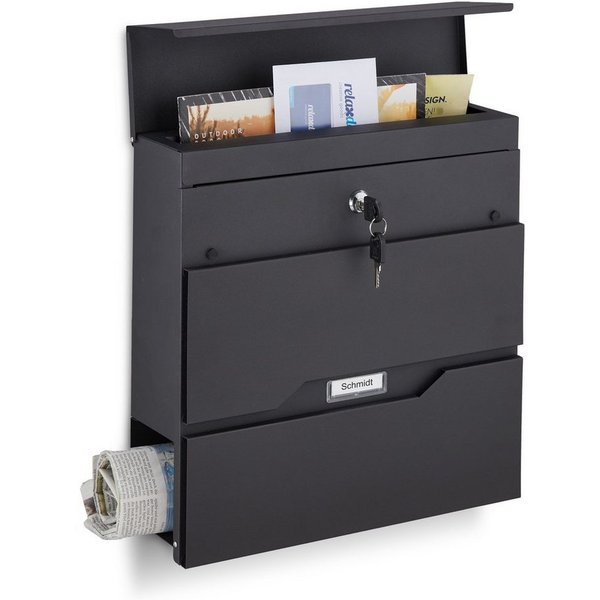 relaxdays Briefkasten Schwarzer Briefkasten mit Zeitungsfach (3-St)