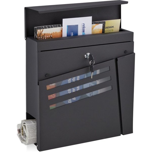 relaxdays Briefkasten Schwarzer Briefkasten mit Zeitungsfach (3-St)