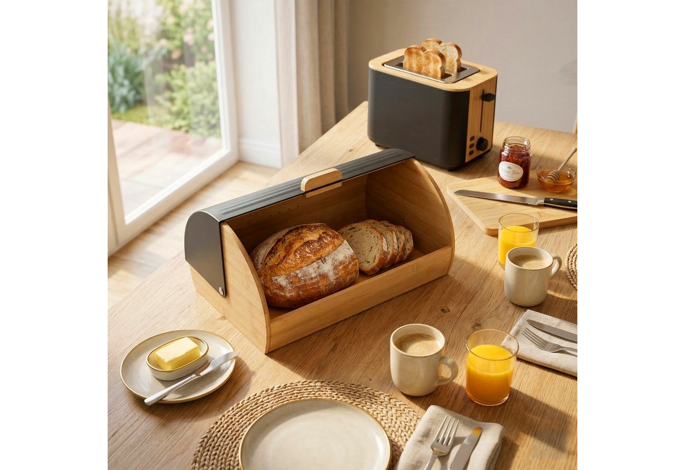 relaxdays Brotkasten Bambus mit Klappdeckel, Bambus, (1-tlg), schwarz – Bild 2 von 5
