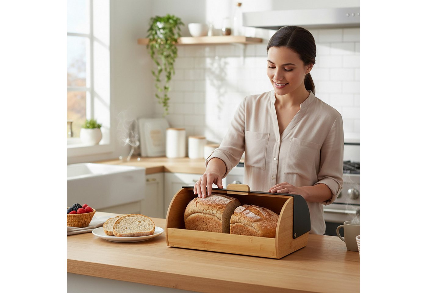 relaxdays Brotkasten Bambus mit Klappdeckel, Bambus, (1-tlg), schwarz – Bild 3 von 5