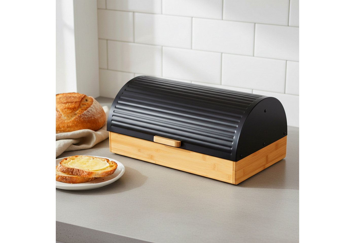 relaxdays Brotkasten Bambus mit Klappdeckel, Bambus, (1-tlg), schwarz – Bild 5 von 5