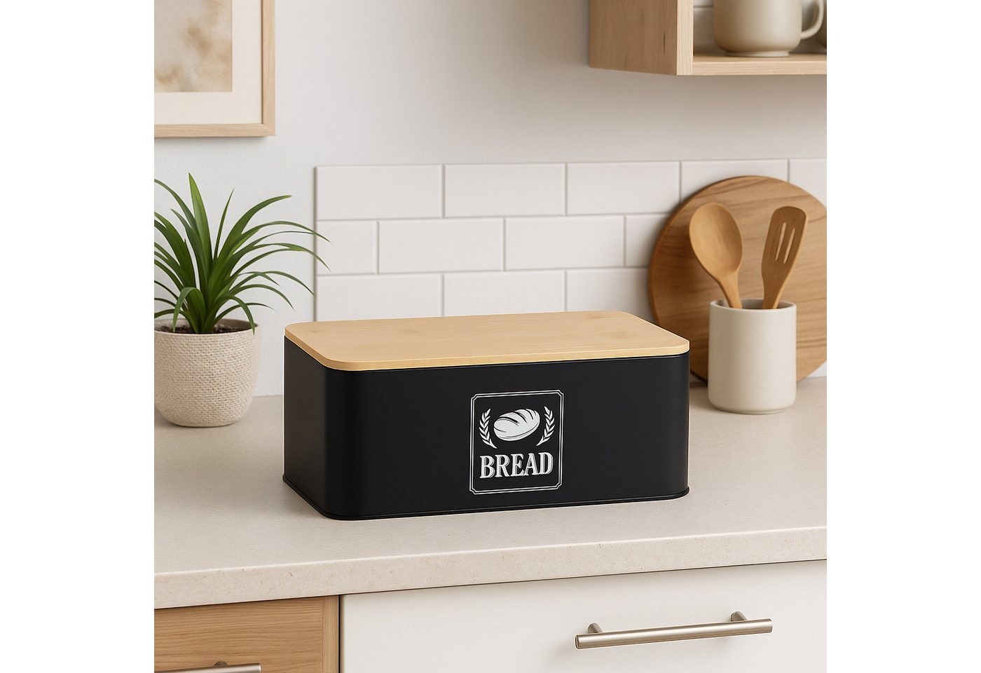 relaxdays Brotkasten mit Bambusdeckel Retro-Design, Eisen, (1-tlg), schwarz – Bild 2 von 5