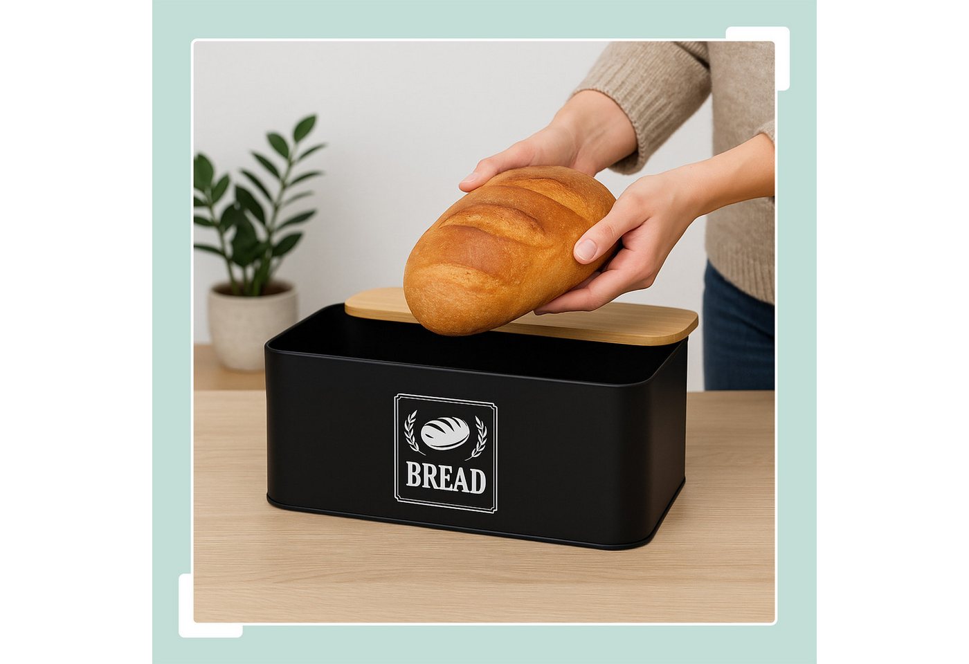 relaxdays Brotkasten mit Bambusdeckel Retro-Design, Eisen, (1-tlg), schwarz – Bild 3 von 5