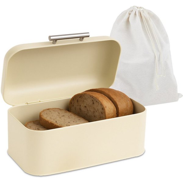 relaxdays Brotkasten mit Deckel und Brotbeutel, Eisen, (2-tlg), Beige