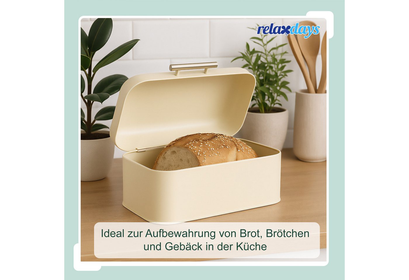 relaxdays Brotkasten mit Deckel und Brotbeutel, Eisen, (2-tlg), Beige – Bild 2 von 5