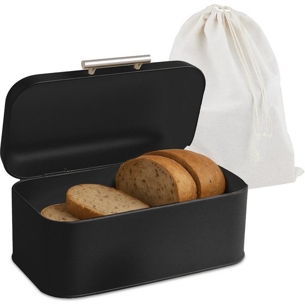 relaxdays Brotkasten mit Deckel und Brotbeutel, Eisen, (2-tlg), schwarz
