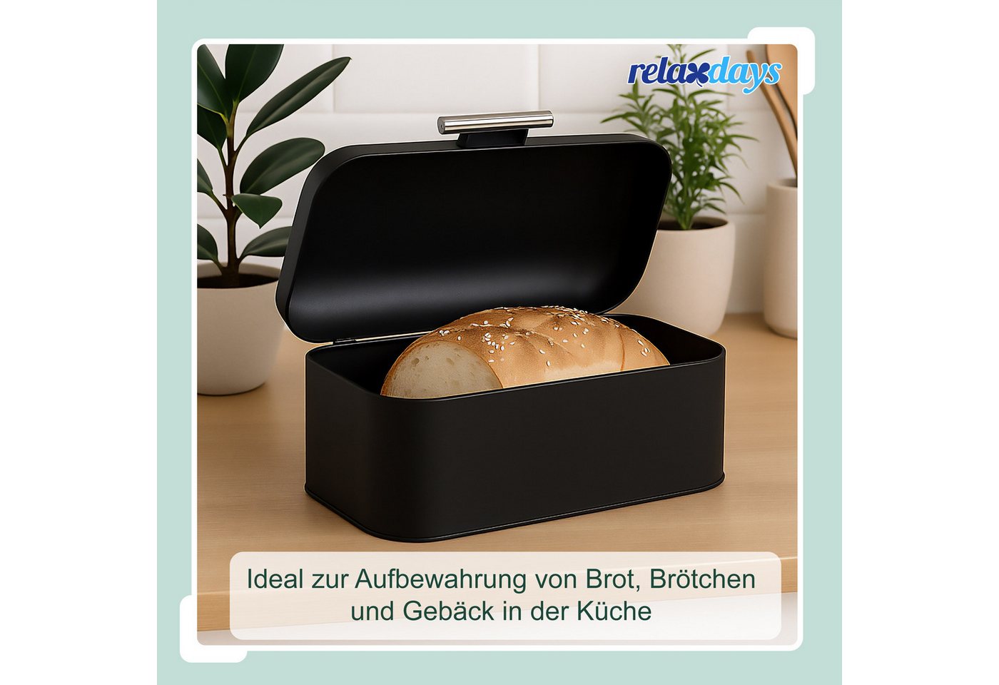 relaxdays Brotkasten mit Deckel und Brotbeutel, Eisen, (2-tlg), schwarz – Bild 2 von 5