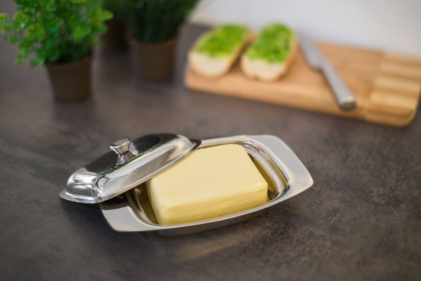 relaxdays Butterdose Edelstahl mit Griff, Edelstahl, (2-tlg) – Bild 2 von 5