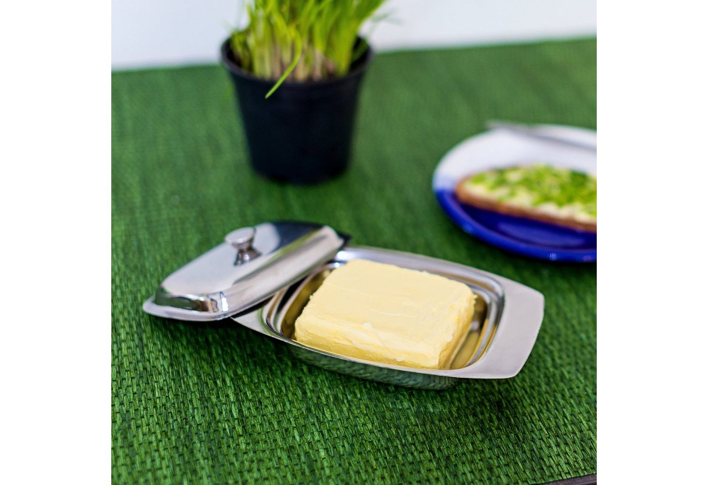 relaxdays Butterdose Edelstahl mit Griff, Edelstahl, (2-tlg) – Bild 3 von 5
