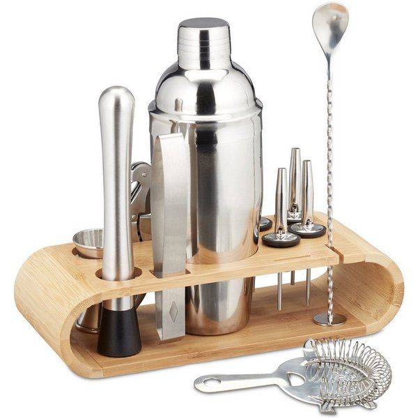 relaxdays Cocktail Shaker Cocktail Set 11-teilig Edelstahl, Bambus, (11-tlg)