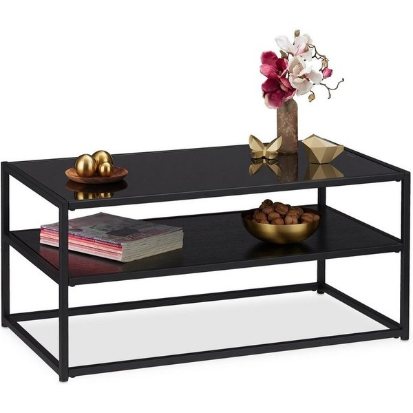 relaxdays Couchtisch Schwarzer Couchtisch mit Glasplatte (1-St)