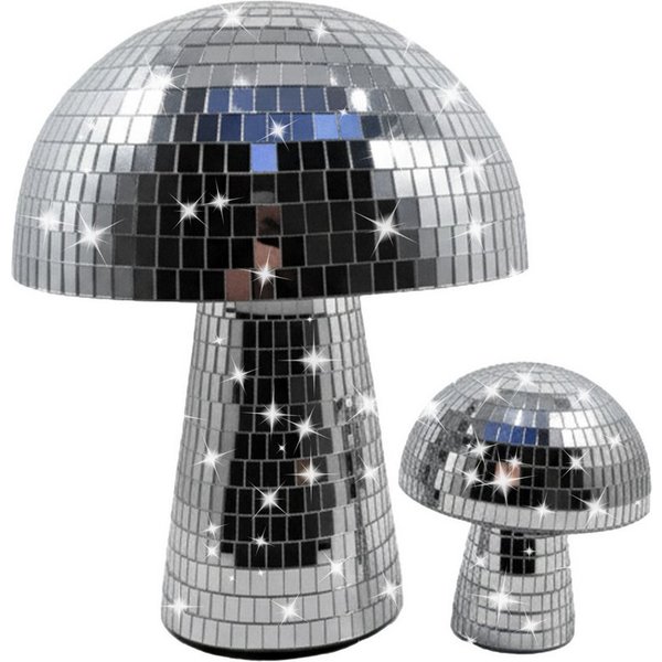 relaxdays Discolicht Disco Pilz 2er Set, Lichtreflektierende Dekoration aus Spiegelglas
