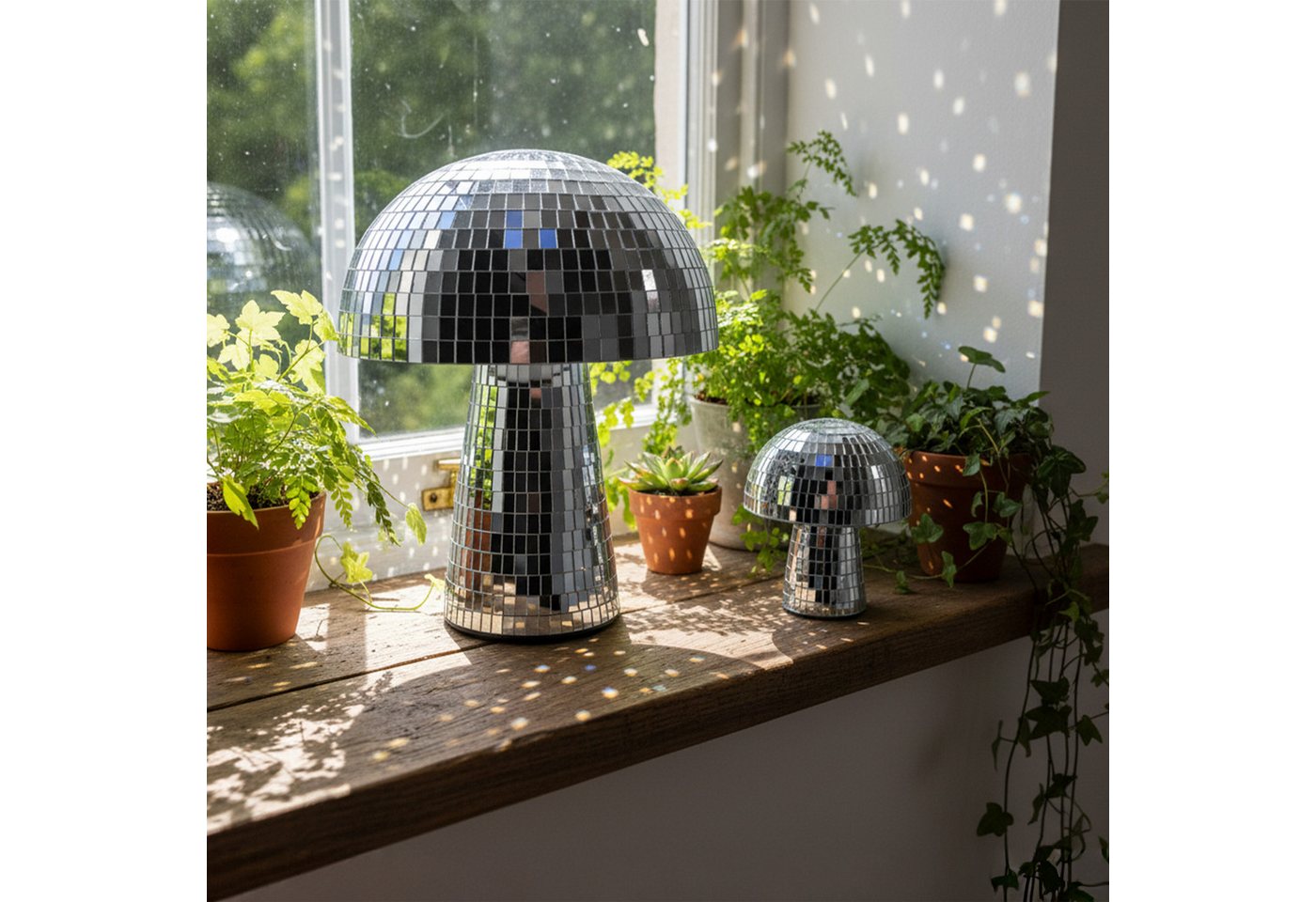 relaxdays Discolicht Disco Pilz 2er Set, Lichtreflektierende Dekoration aus Spiegelglas – Bild 3 von 5