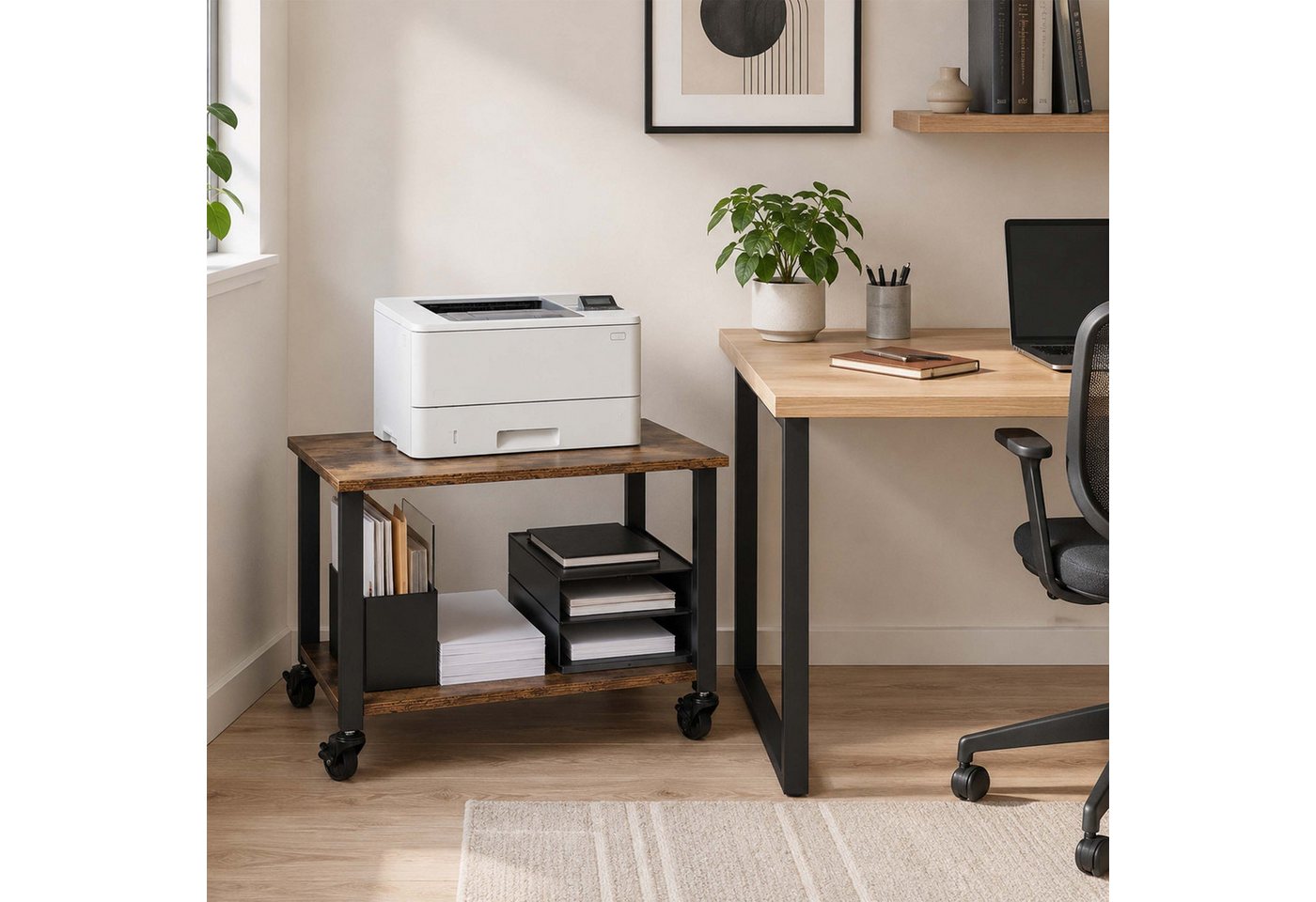 relaxdays Druckertisch mit Rollen (1-St), Industrial-Schwarz – Bild 3 von 5