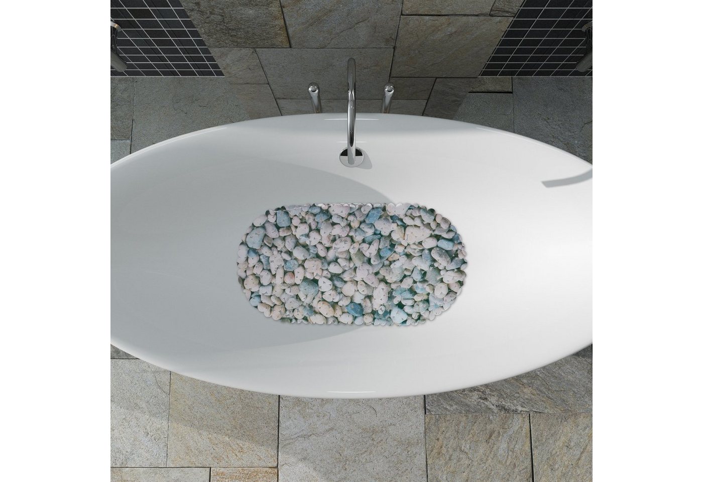 relaxdays Duschmatte Badewannenmatte Steinoptik, Höhe 5 mm, Waschbar bei 30 °C, Material: PVC (100 % Kunststoff), Oberfläche in realistischer Steinoptik, Ovale  – Bild 2 von 5