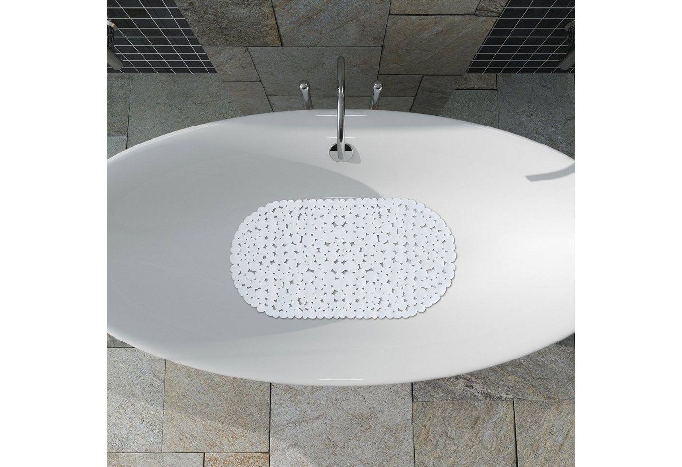 relaxdays Duschmatte Badewannenmatte Steinoptik, Höhe 5 mm, Material: 100 % PVC (Kunststoff), Rutschfeste Saugnäpfe für sicheren Halt am Wannenboden, Ovale Form – Bild 2 von 5