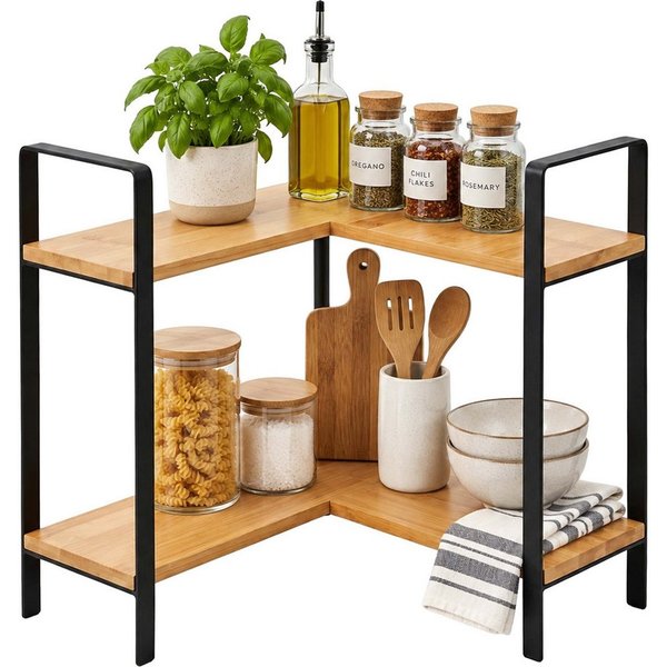 relaxdays Eckregal Arbeitsplatten-Regal aus Bambus 2 Ebenen, 1-tlg., Natur-Schwarz
