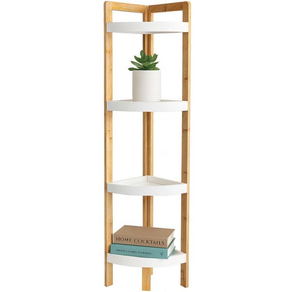 relaxdays Eckregal Bambus Eckregal mit Ablagen, 1-tlg., Natur-Weiß, 4 Ablagen