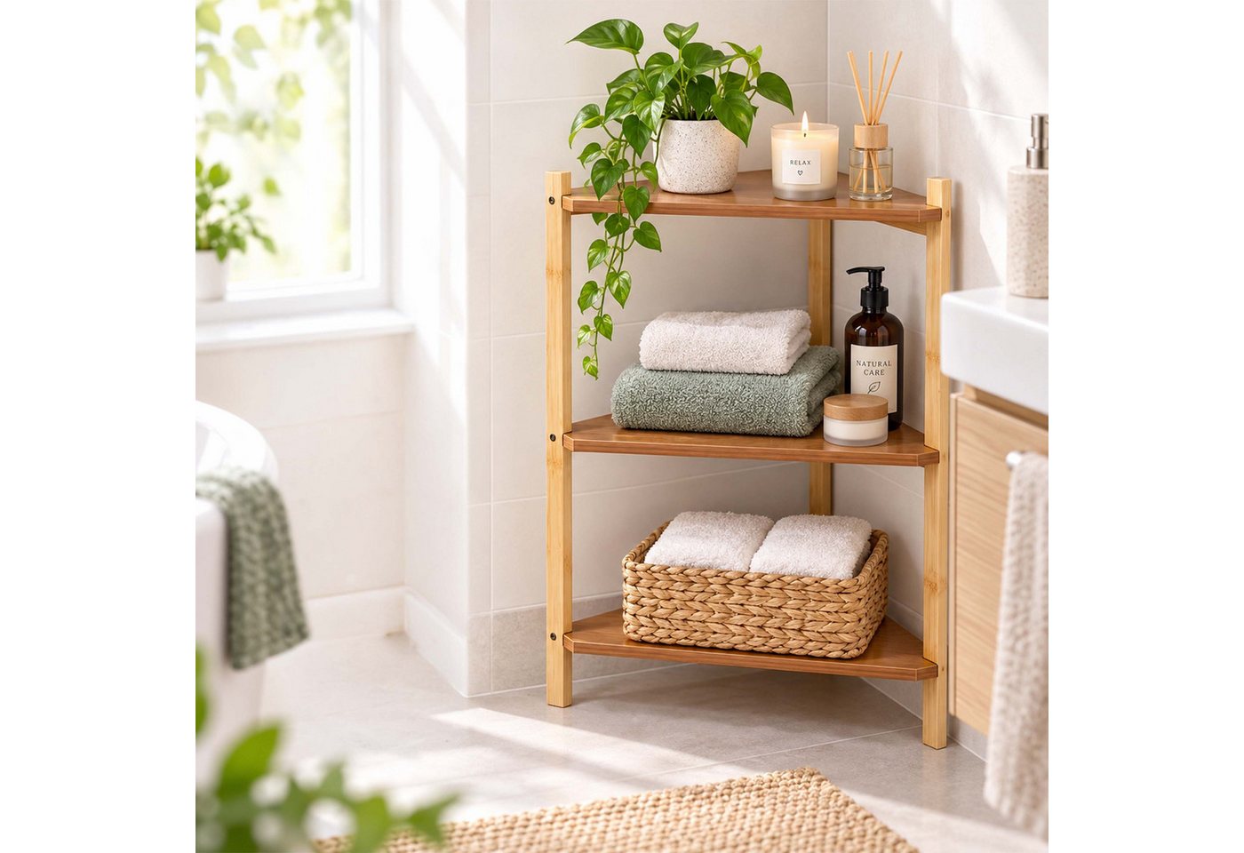 relaxdays Eckregal Bambus und MDF, 1-tlg., natur, 3 Ablagen – Bild 2 von 5