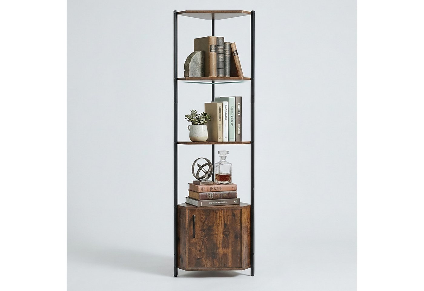 relaxdays Eckregal mit 5 Ebenen & Schrank, 1-tlg., Vintagebraun – Bild 5 von 5