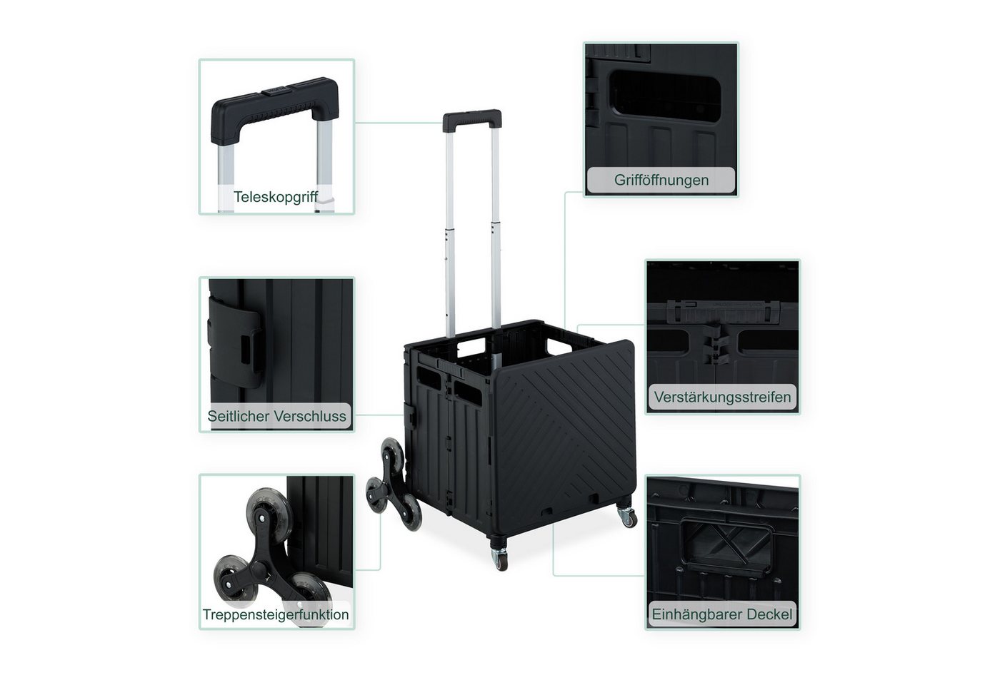 relaxdays Einkaufstrolley klappbar + Deckel 8 Rad, 262350 l, schwarz – Bild 3 von 5