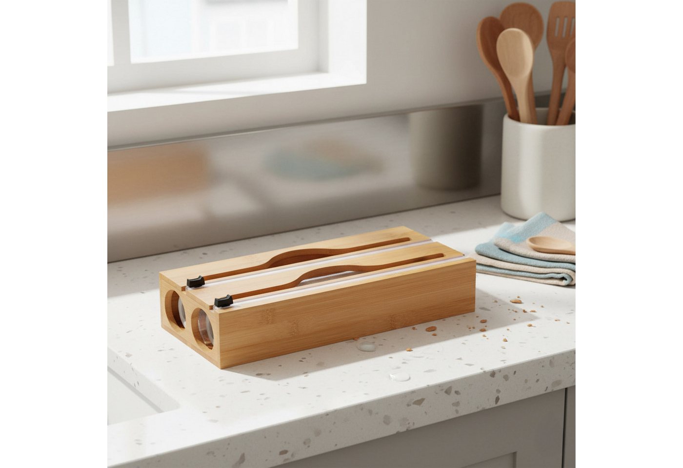 relaxdays Folienspender aus Bambus, (1-St), 2 – Bild 2 von 5