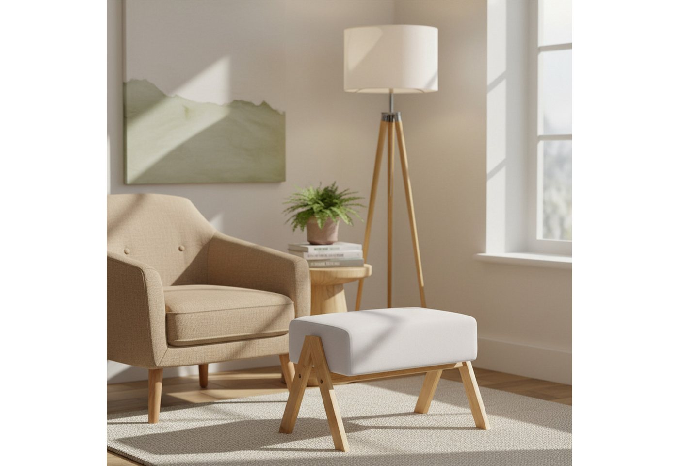 relaxdays Fußhocker Bambus & Stoff (1 St), Creme – Bild 2 von 5