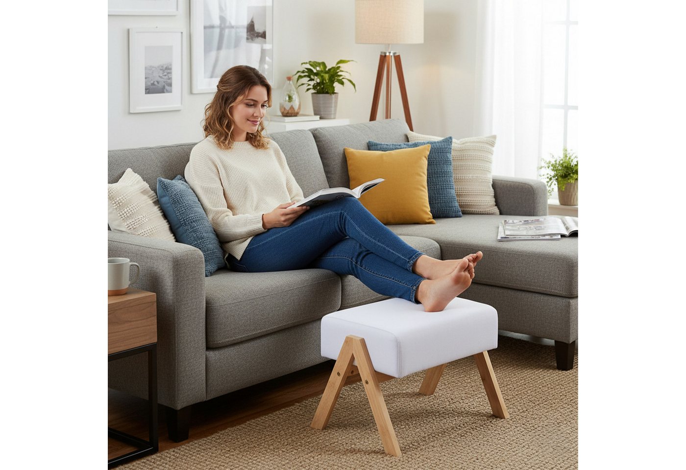 relaxdays Fußhocker Bambus & Stoff (1 St), Creme – Bild 5 von 5