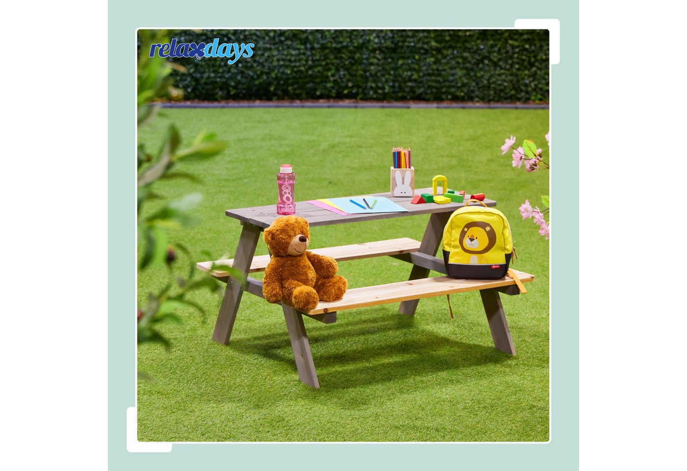 relaxdays Garten-Kindersitzgruppe Kindersitzgarnitur aus Holz, (3-tlg), grau – Bild 3 von 5