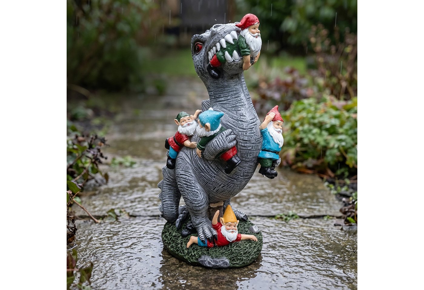 relaxdays Gartenfigur T-Rex frisst Gartenzwerge, (1 St), L – Bild 5 von 5