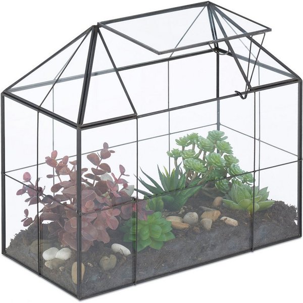 relaxdays Gewächshaus Großes Pflanzenterrarium Glas Hausform, BxTxH: 30 x 15 x 27 cm, BxLxH: 30 x 15 x 27 cm, 0.5 mm Wandstärke, 1-St., schwarz