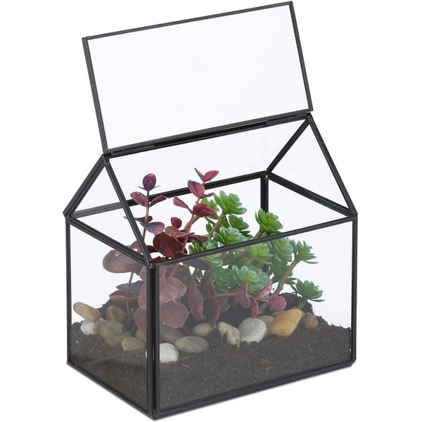 relaxdays Gewächshaus Pflanzenterrarium aus Glas Hausform, BxTxH: 15 x 10 x 15 cm, BxLxH: 15 x 10 x 15 cm, 0.25 mm Wandstärke, 1-St., schwarz