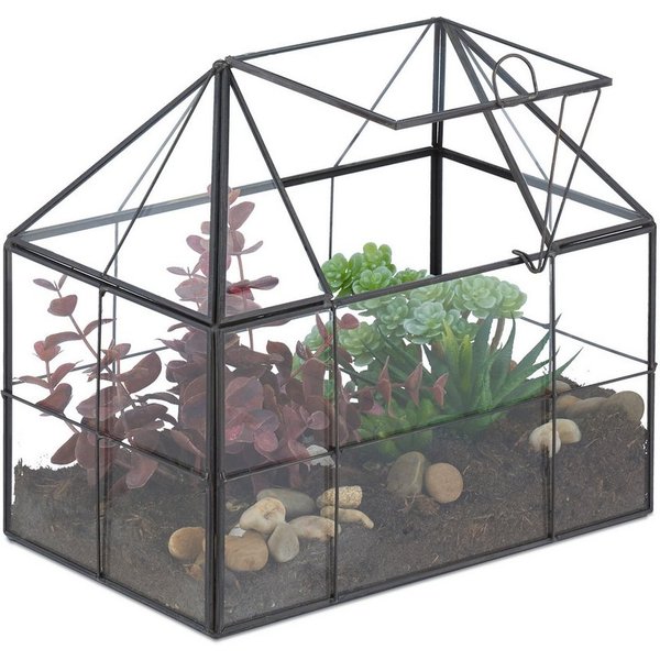 relaxdays Gewächshaus Pflanzenterrarium aus Glas Hausform, BxTxH: 23 x 14 x 21 cm, BxLxH: 23 x 14 x 21 cm, 0.5 mm Wandstärke, 1-St., schwarz