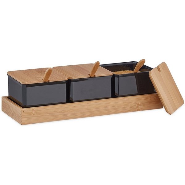 relaxdays Gewürzbehälter Set mit Löffel & Deckel, Bambus, (7-tlg), schwarz