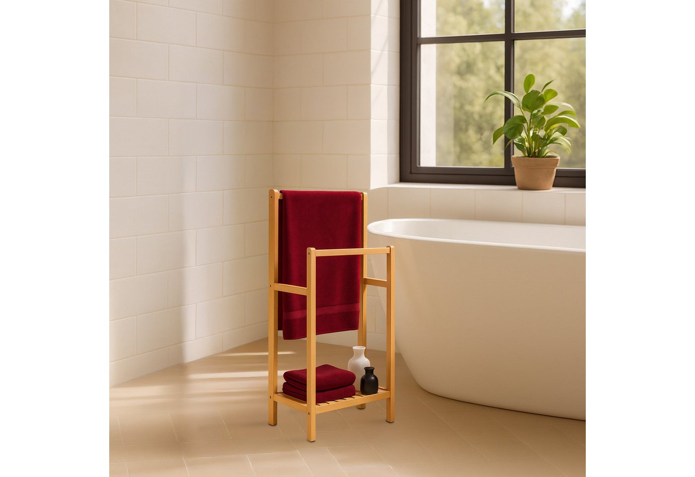 relaxdays Handtuchständer Bambus 2 Stangen Ablage, natur – Bild 2 von 5