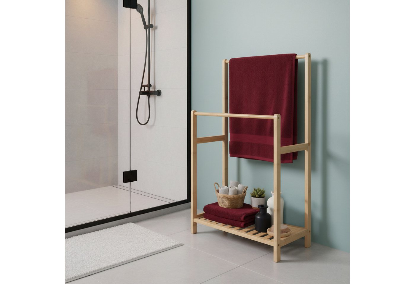 relaxdays Handtuchständer Bambus 2 Stangen Ablage, natur – Bild 3 von 5