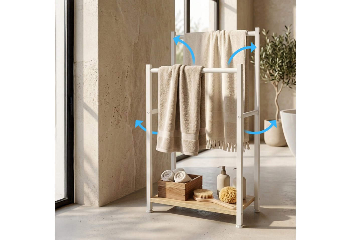 relaxdays Handtuchständer mit Ablage, Holzoptik-Weiß – Bild 2 von 5